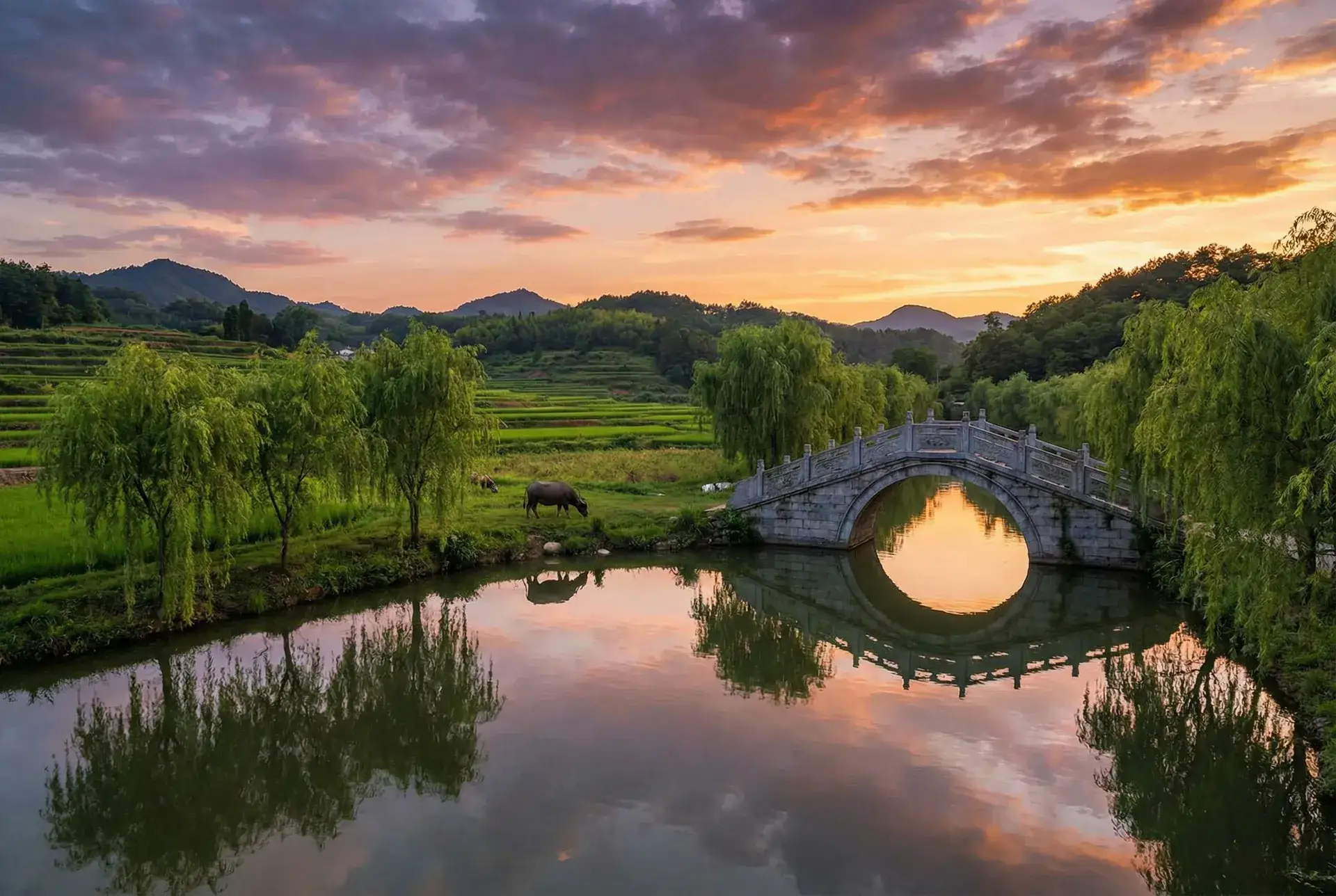 夕阳下的石拱桥与垂柳，水牛在河边吃草 - 大好时光 电视剧 乡村美景